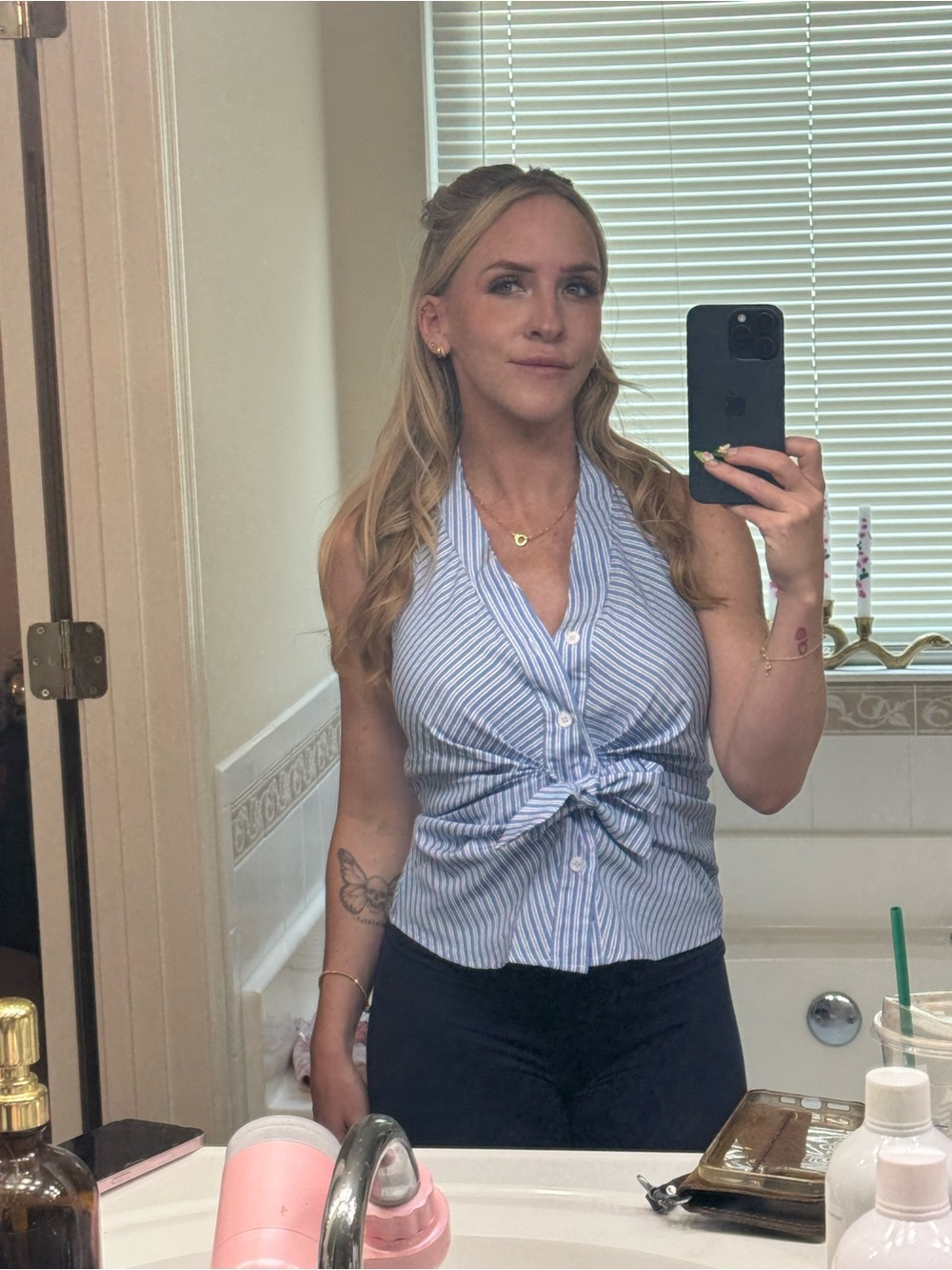 Striped Blue Tie-Front Halter Top - Women